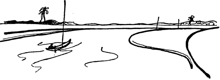 Line drawing of small boat on a river