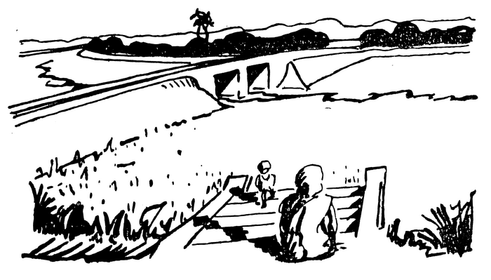 Line drawing of a bridge over a river