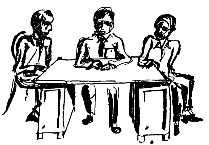 Line drawing of people sat at a table