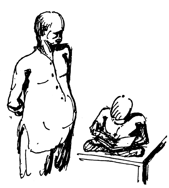 Line drawing of man standing watching person with ledger