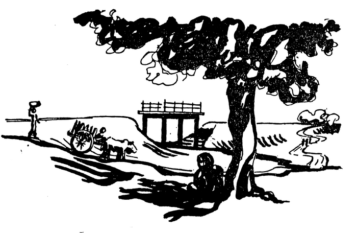 Line drawing of someone sat under a tree with a broken bridge and bullock cart travelling in the distance.