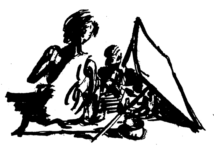 Line drawing of people living in a small shelter.