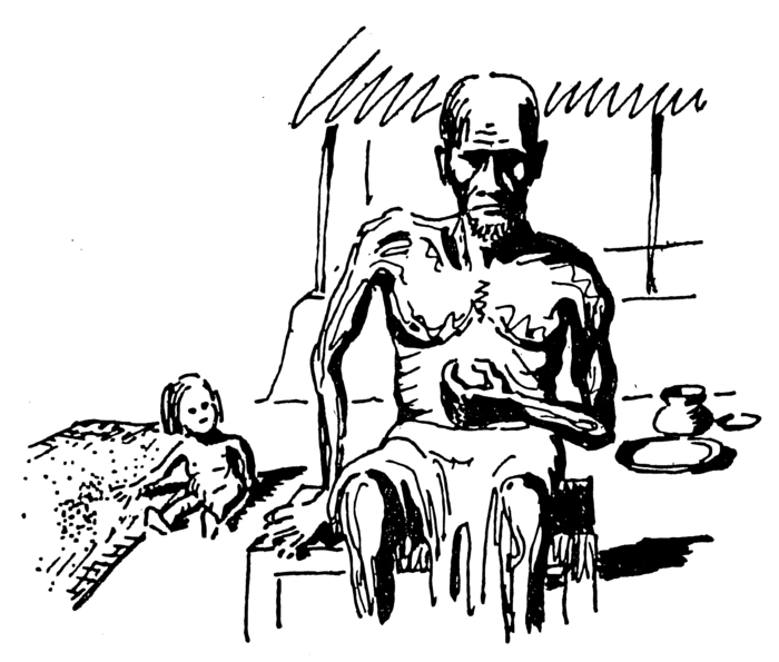 Line drawing of a seated peasant with small child in the background