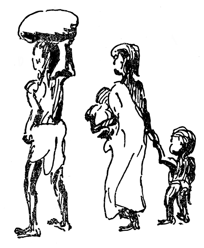 Line drawing of a family walking
