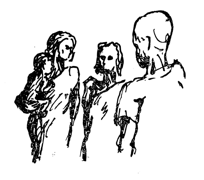 Line drawing of three people, one carrying a child