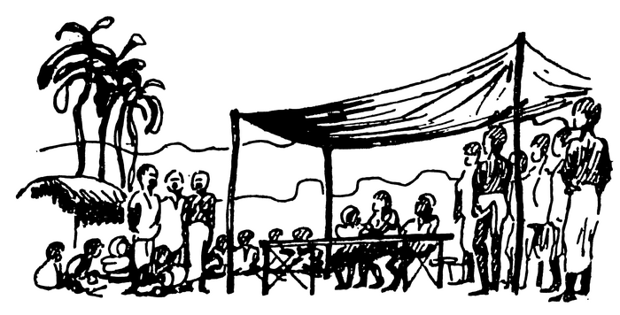 Line drawing of an outdoor meeting.