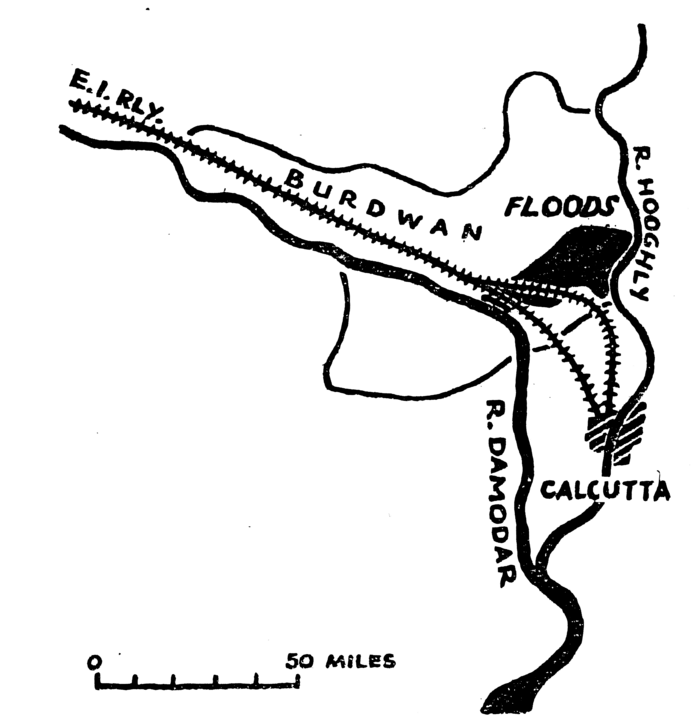 Line drawing of the lower course of the River Damodar