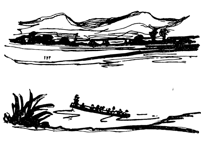 Line drawing of a long boat on a river.