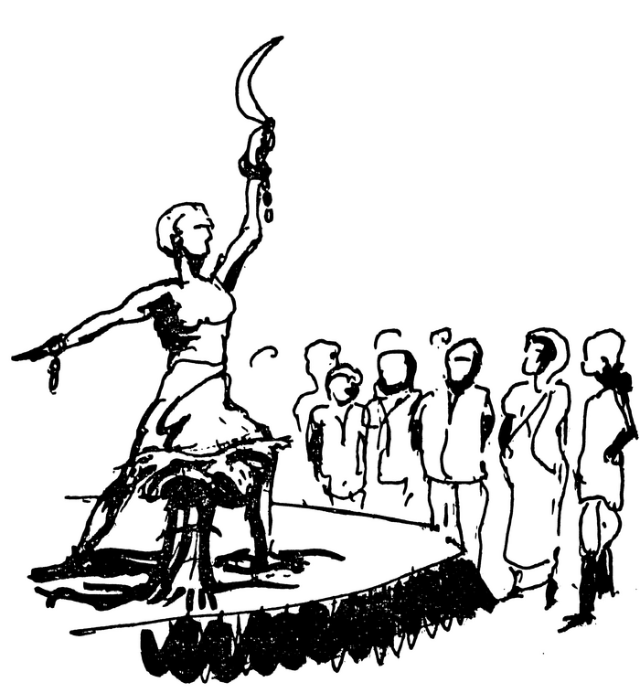 Line drawing of a woman on a stage holding aloft a sickle