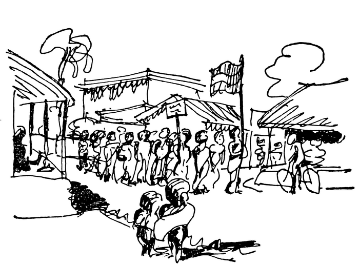 Line drawing of a Quit India demonstration.