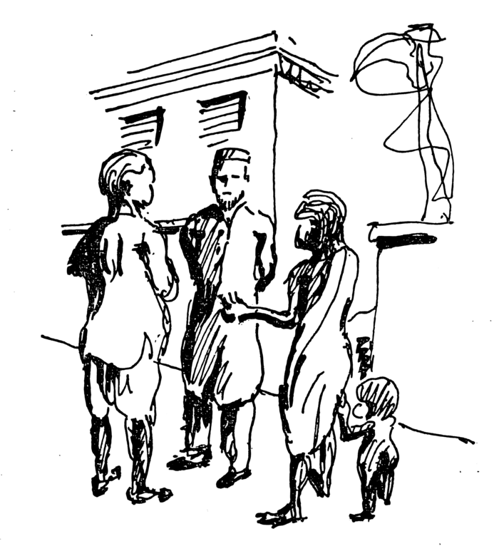 Line drawing of a group of people talking in the street.