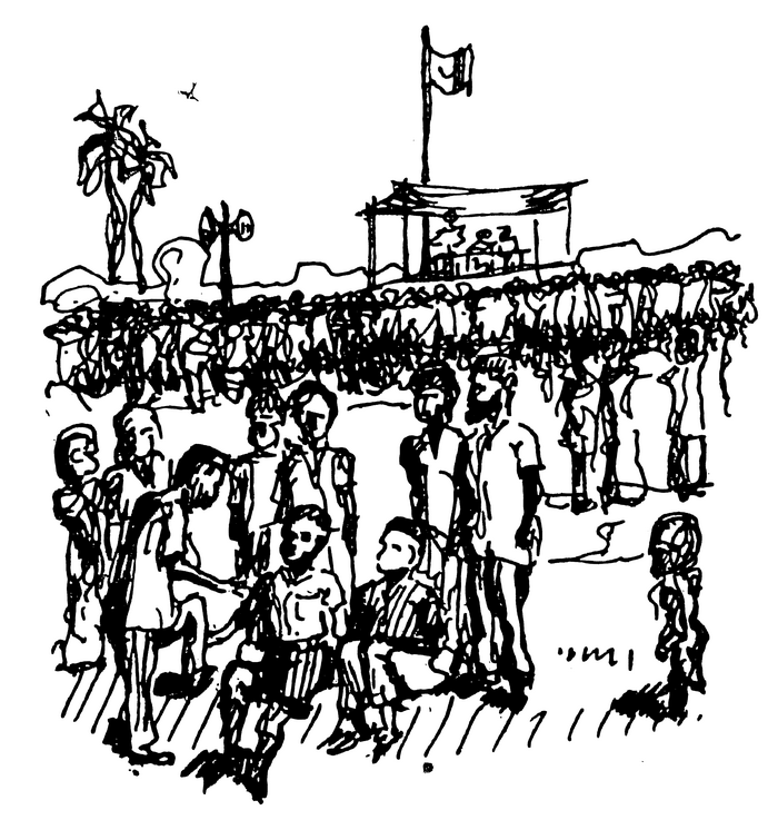 Line drawing of a mass meeting of the Muslim League.