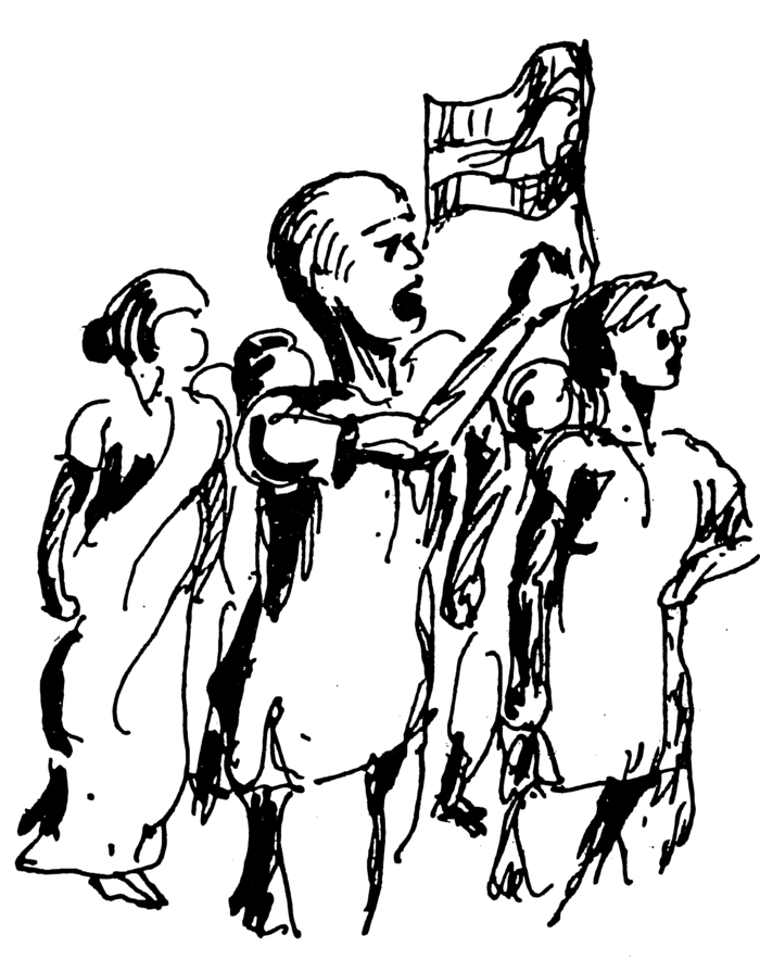 Line drawing of a small group of demonstrators on the March to Delhi.
